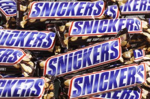 Close up photo of Snickers candy bars