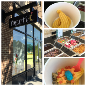 Collage of Yogurt Vi shop and cup of frozen yogurt with toppings