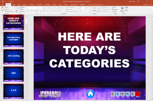 Photo of screenshot of PowerPoint for Jeopardy game